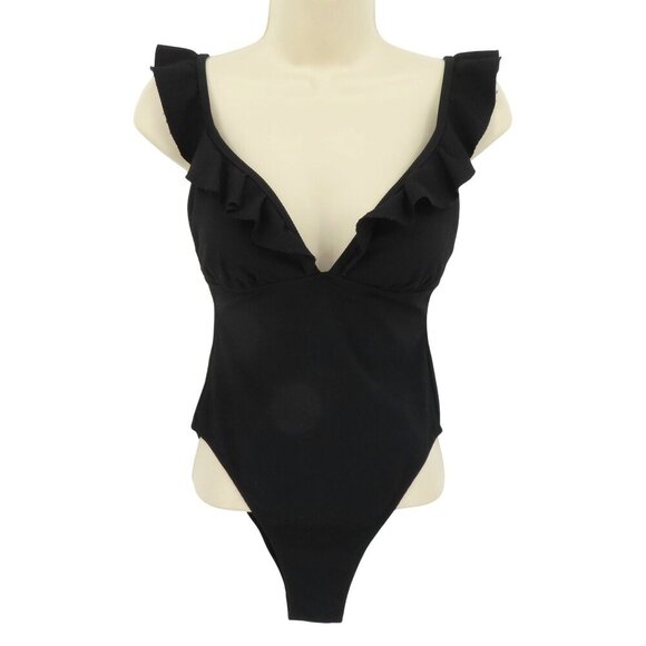 J. Crew Other - J Crew Women 2 Solid Black Puckered One Piece Swimsuit Ruffle Straps V Neck